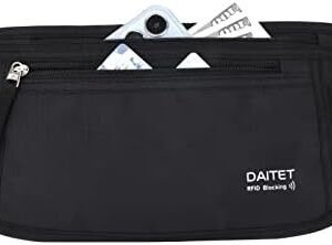 DAITET Money Belt - Passport Holder Secure Hidden Travel Wallet with RFID Blocking, Undercover Fanny Pack (Black)