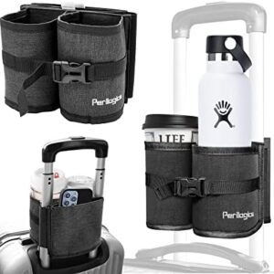 Perilogics Luggage Travel Cup Holder Hands Free Drink Caddy for Suitcase Handle. Perfect Airplane Travel Essential Accessory Gift for Frequent Traveler, Flight Attendant or with Children (Dark Gray)